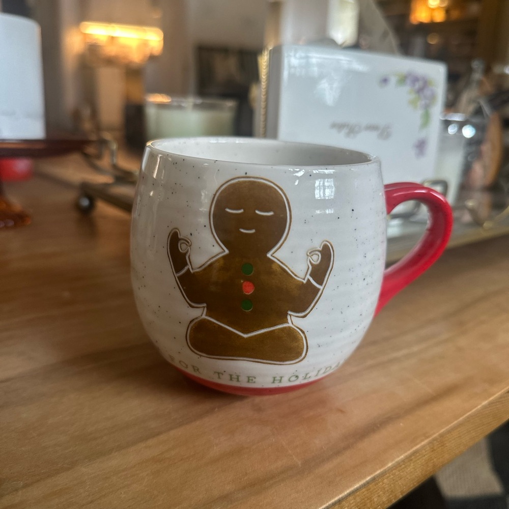 Anthropologie Meditating Gingerbread Mug w Red Handle Om for the holidays used